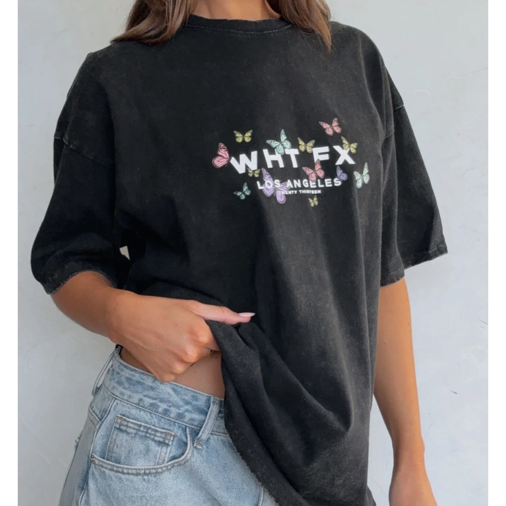 White Fox Boutique Black Tee with Butterfly Accents